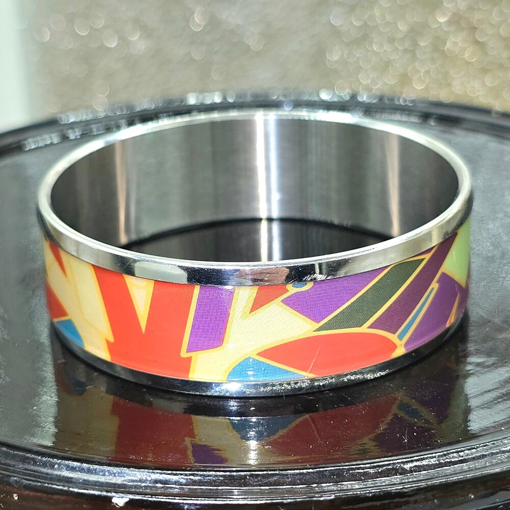 Vintage Abstract Colorful Multi-Colored Heavy Silvertone Bangle Bracelet